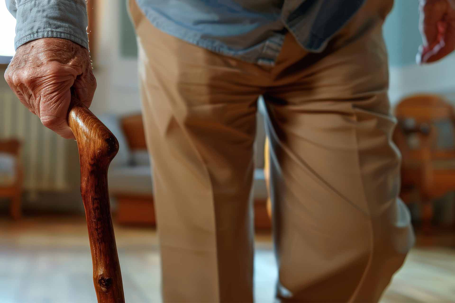 A senior walks with a wooden cane